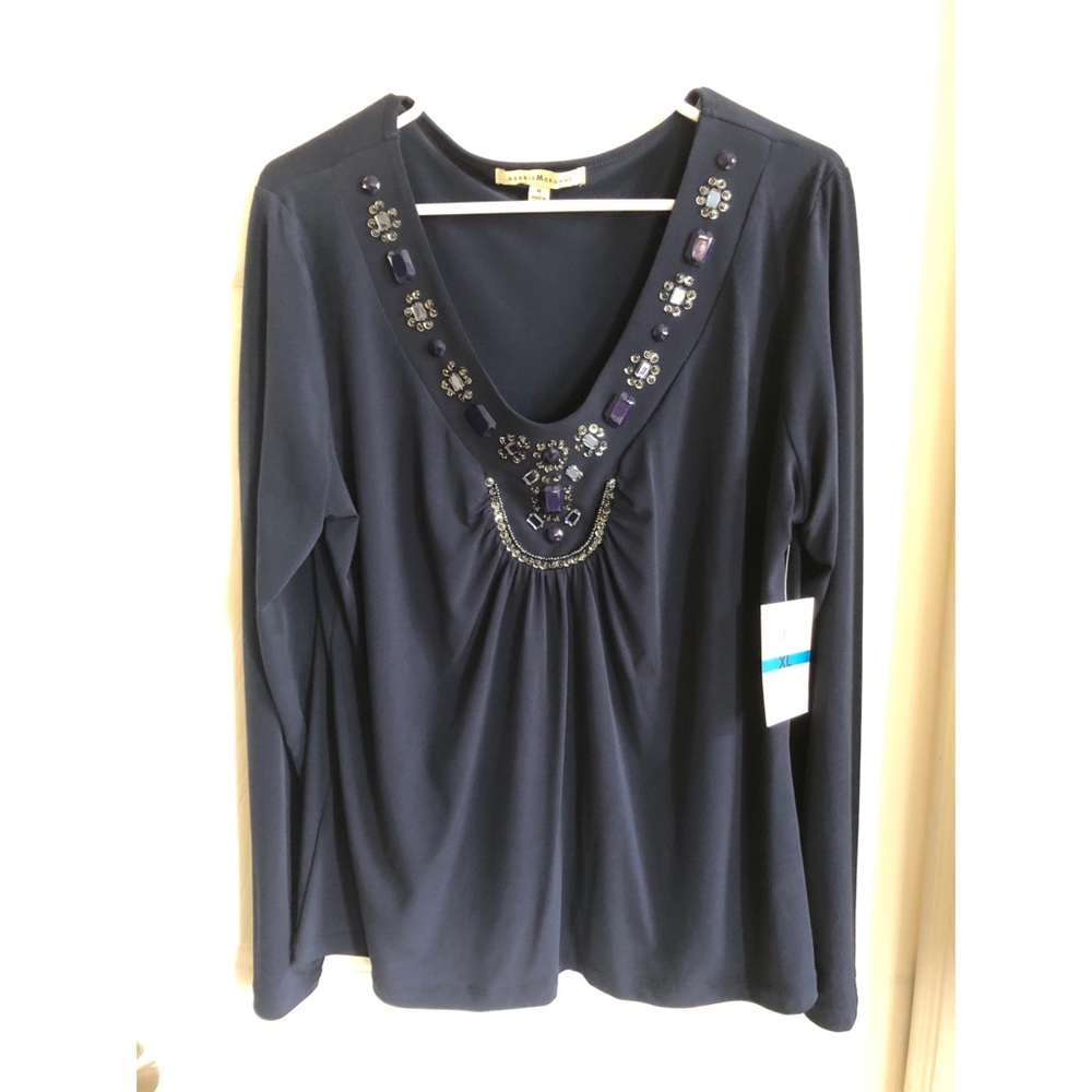 Navy blue  embellished neckline  long sleeve top